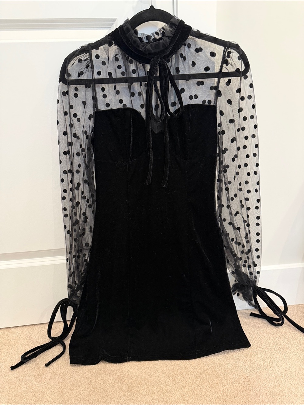 SHEIN Black Velvet Mini Dress with Polka Dot Mesh Sleeves